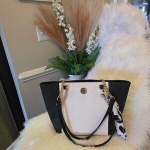 Anne Klein Medium Tote w/ Printed Scarf Black Ivory Shoulder Bag